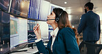 Computer screen, trading and businesswoman in office with charts, graphs or stock market at night. Headset, broker and female financial analyst with fintech, statistics and research for investment.