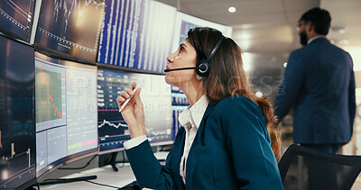 Buy stock photo Computer screen, trading and businesswoman in office with charts, graphs or stock market at night. Headset, broker and female financial analyst with fintech, statistics and research for investment.
