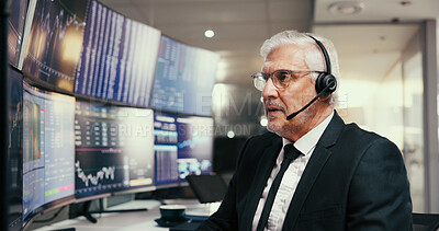 Buy stock photo Computer screen, trading and businessman with headset in office at night for charts, graphs or stock market. Mic, broker and financial analyst with fintech, statistics and research for investment.