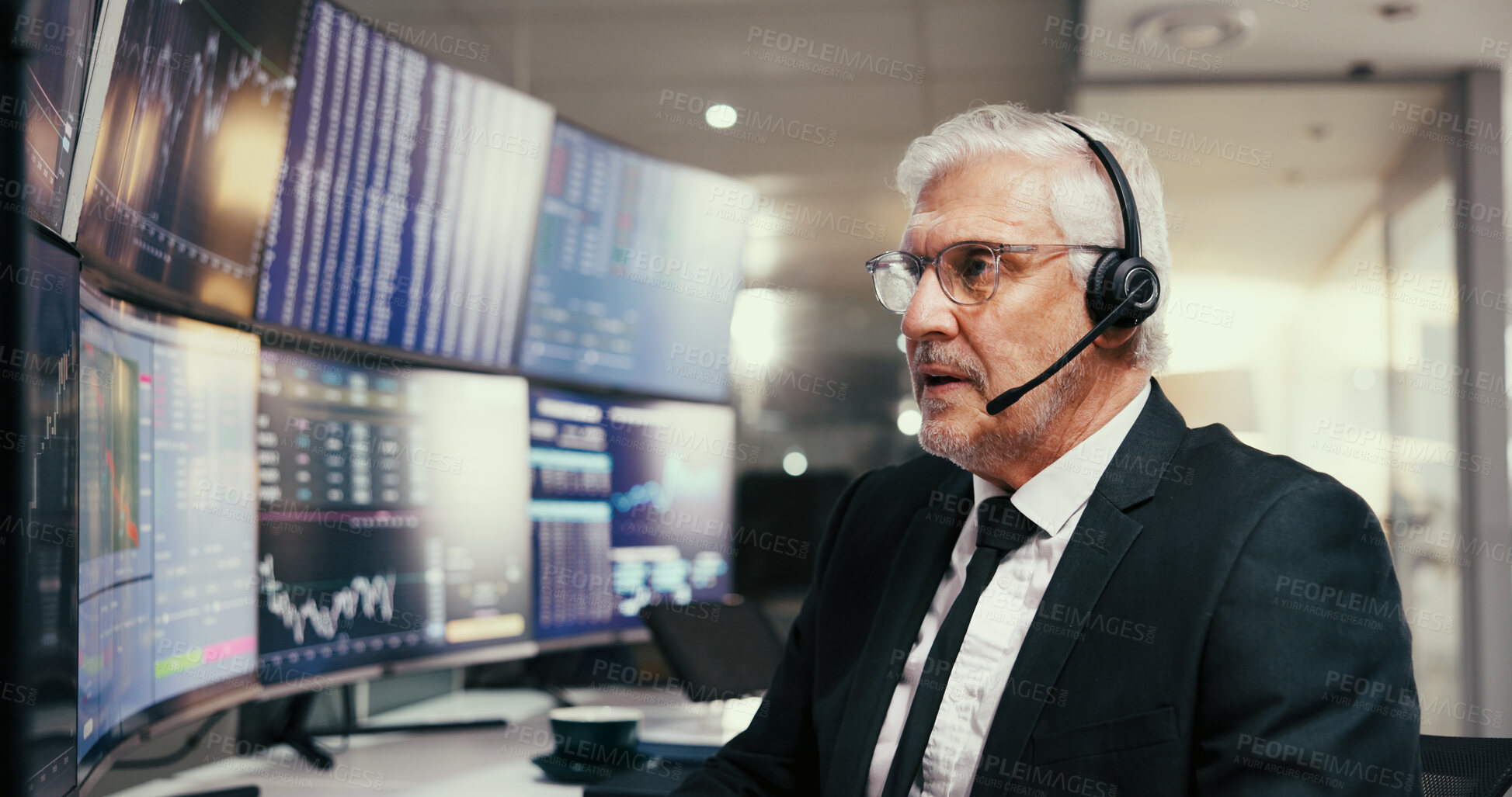 Buy stock photo Computer screen, trading and businessman with headset in office at night for charts, graphs or stock market. Mic, broker and financial analyst with fintech, statistics and research for investment.