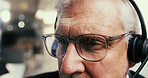 Glasses, headset and support with man in call center for feedback, help or problem solving. Customer service, eyewear and review with mature person in office for communication, contact us or solution