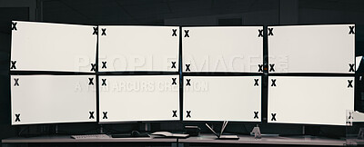 Buy stock photo Mockup, monitor and security with computer screen in office for safety or surveillance footage. Blank space, protection and service with empty display in control room for for CCTV or inspection