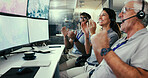 Applause, computer and satellite with people in control room for team, launch success and mission target. Collaboration, aeronautic engineer and achievement with employees clapping for monitor