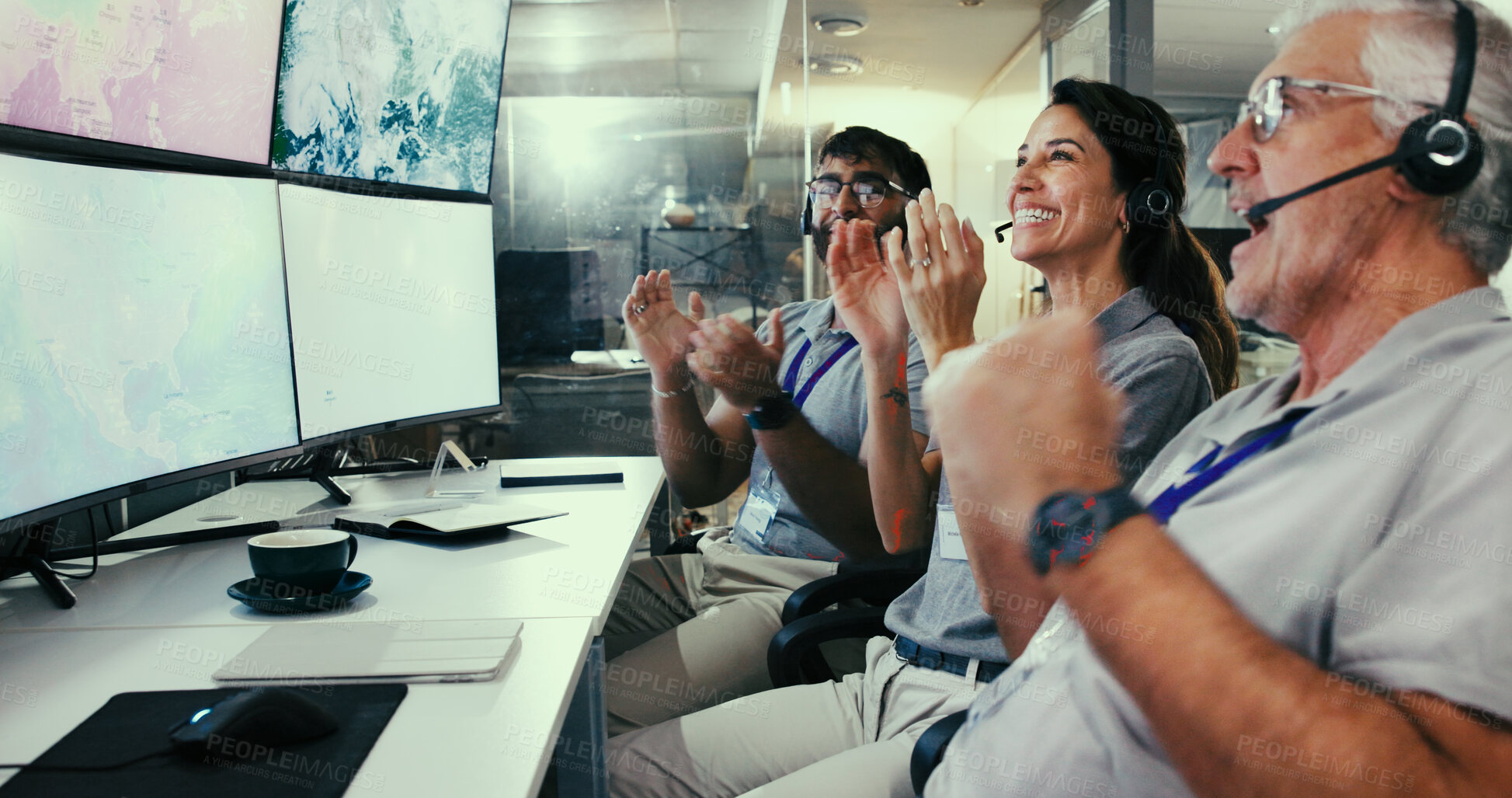 Buy stock photo Applause, computer and satellite with people in control room for team, launch success and mission target. Collaboration, aeronautic engineer and achievement with employees clapping for monitor