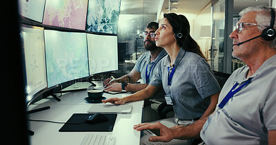Buy stock photo Computer screen, meteorology and satellite and woman in control room for storm, research and monitor. Weather tracking, sounding rocket and climate change surveillance with employee for data