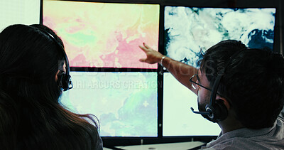 Buy stock photo Computer screen, surveillance and back of people in control room for storm, research and monitor. Weather tracking, sounding rocket and climate change with employee in office for meteorology data