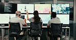 Team, people and computer screen for weather at office with review, analysis and tracking storm system. Group, meteorology and discussion with monitor, point and headset for forecast with science