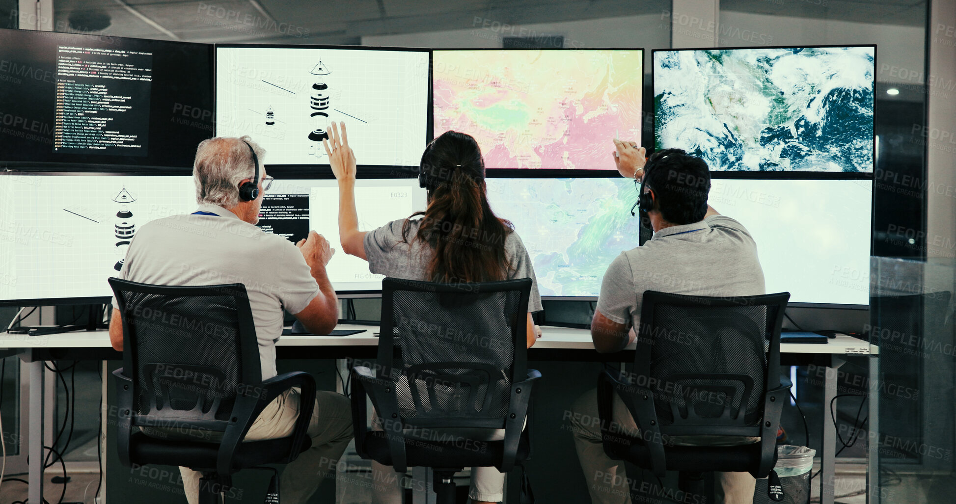 Buy stock photo Team, people and computer screen for weather at office with review, analysis and tracking storm system. Group, meteorology and discussion with monitor, point and headset for forecast with science