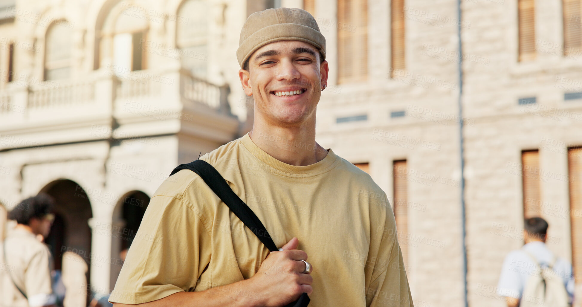 Buy stock photo Happy, man and portrait of student at university with confidence for education scholarship at campus. Knowledge, study and person with pride for college learning outdoor at academy for opportunity.