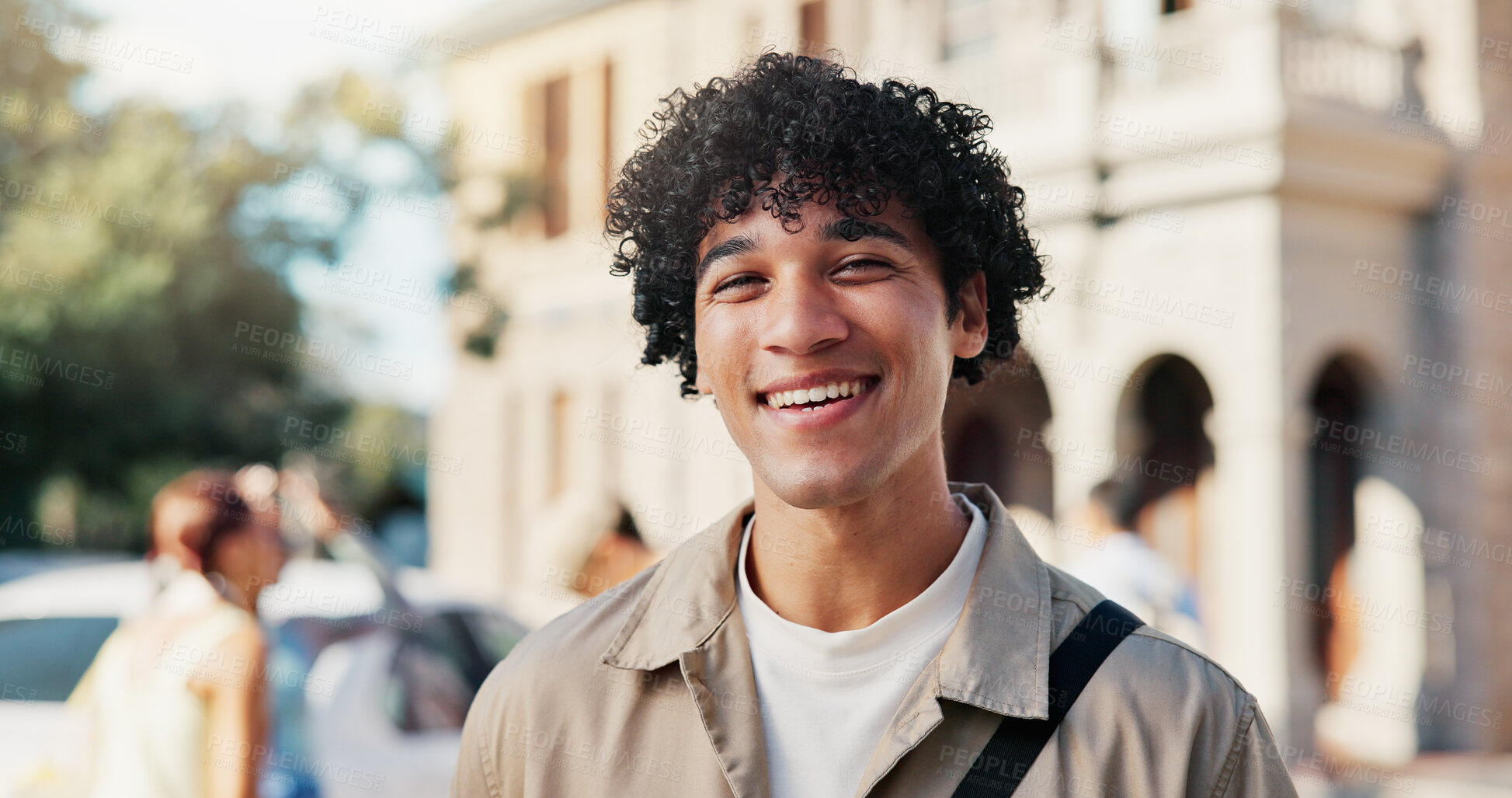 Buy stock photo Happy, student and portrait of man in college for education opportunity, scholarship program and smile. University thesis, study academy and learning with person outdoor on campus for knowledge