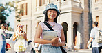 Books, student and portrait of asian woman in college for education opportunity, scholarship and smile. University thesis, study academy and learning with person outdoor on campus for knowledge