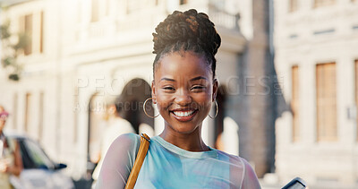 Buy stock photo Happy, student and portrait of black woman in college for education opportunity, scholarship program and smile. University, study academy and learning with person outdoor on campus for knowledge