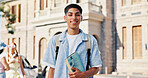 Books, college and portrait of man on campus for education opportunity, biology program and medical student. University thesis, study academy and learning with person outdoor for knowledge and pride