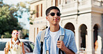 Education, sunglasses and thinking with student outdoor on campus for college or university. Learning, opportunity and vision with happy man at school for development, inspiration or study ideas