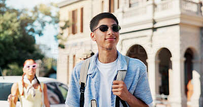 Buy stock photo Education, sunglasses and thinking with student outdoor on campus for college or university. Learning, opportunity and vision with happy man at school for development, inspiration or study ideas