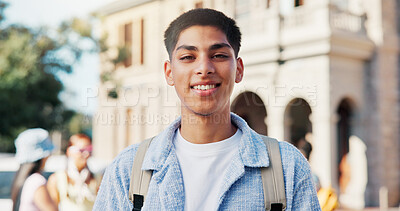 Buy stock photo Education, portrait and smile with student outdoor on campus for college or university study. Backpack, learning and opportunity with happy man at school for commute, confidence or development