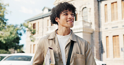 Buy stock photo Education, opportunity and thinking with student outdoor on campus for college or university. Future, learning and vision with happy man at school for development, inspiration or study ideas