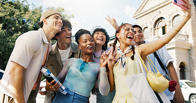 Buy stock photo Girl, college student and outdoor for selfie with friends at campus with smile, education and memory. Group, excited and photography for learning, diversity and happy on social media at university