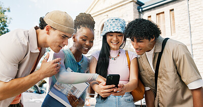 Buy stock photo Student, friends and phone in college with social media update, scholar website or chat for education. People, smile and reading outdoor at university with tech, mobile app or email for online course