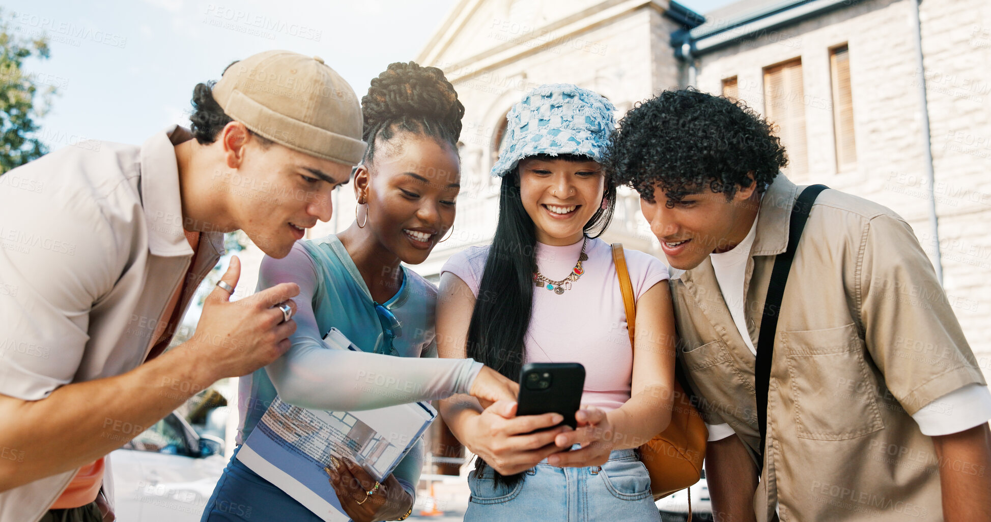 Buy stock photo Student, friends and phone in college with social media update, scholar website or chat for education. People, smile and reading outdoor at university with tech, mobile app or email for online course