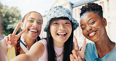 Buy stock photo Portrait, friends and selfie in university with peace sign, social media update and bonding together. Happy, gen z people and diversity in college outdoor with photography, v gesture and connection.