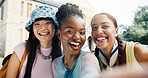 Portrait, friends and selfie in college with smile, social media post or diversity for bonding together. Happy, gen z people or students in university outdoor with photography, connection or memories