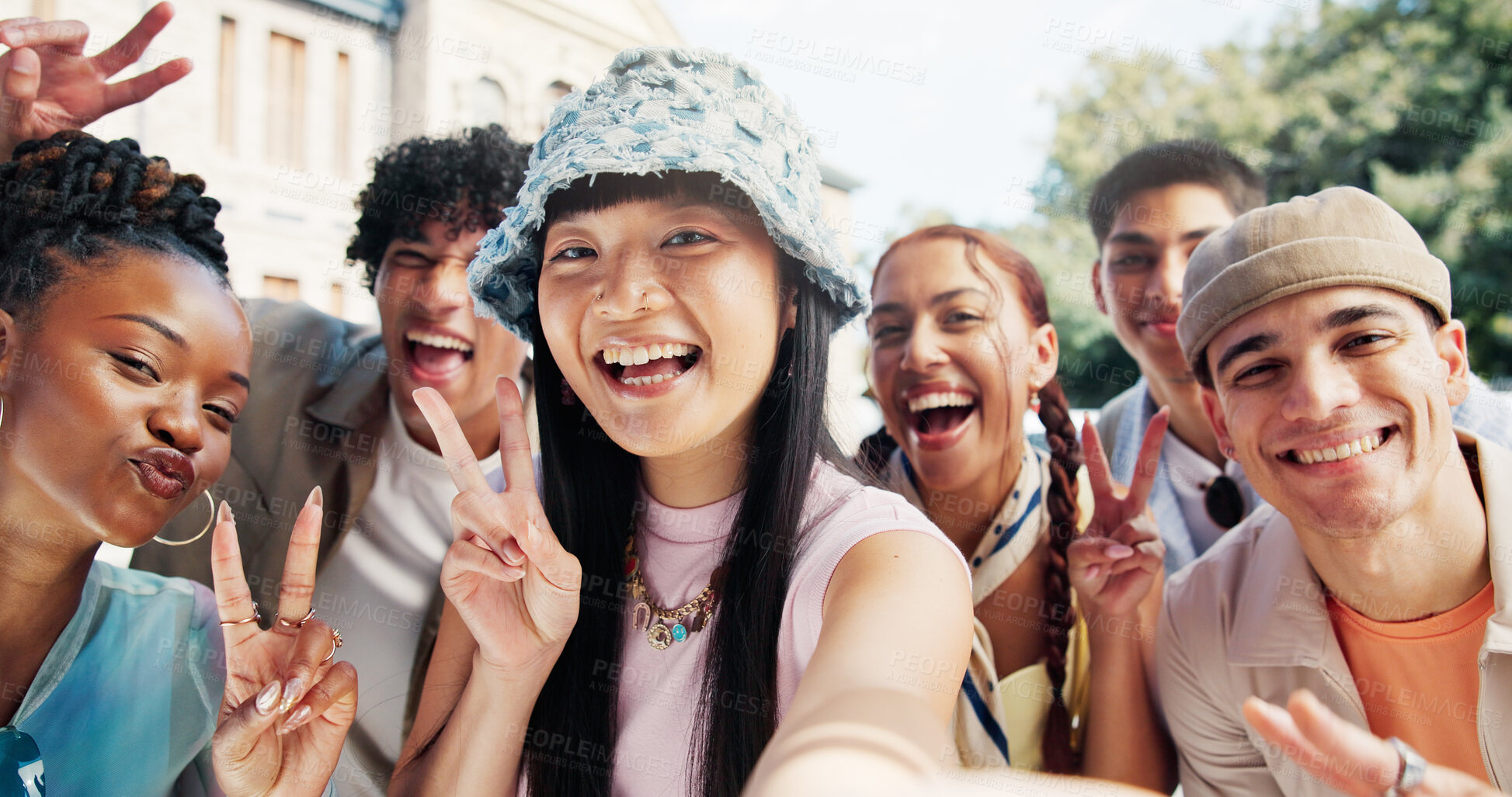 Buy stock photo Portrait, students and selfie in university with peace sign, social media update and bonding together. Happy, gen z people and diversity in college outdoor with photography, v gesture and connection.