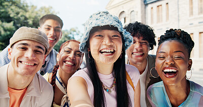 Buy stock photo Girl, college student and selfie with friends at campus for smile, education and memory on web. Group, portrait and photography for profile picture, diversity or happy on social media at university