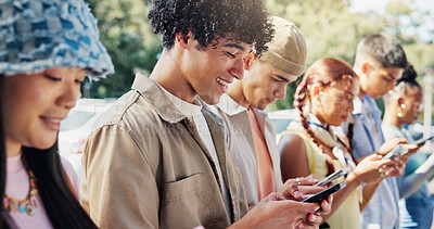 Buy stock photo Man, smile and students in college with phone, text message notification or social media on break. Happy, person and scroll outdoor on university campus with tech, mobile app or online communication.
