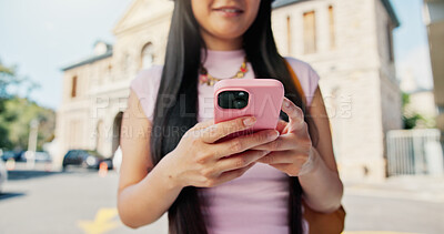 Buy stock photo Education, hands and phone with student outdoor on campus for college or university. App, learning and text message with woman learner at school for communication, development or study schedule
