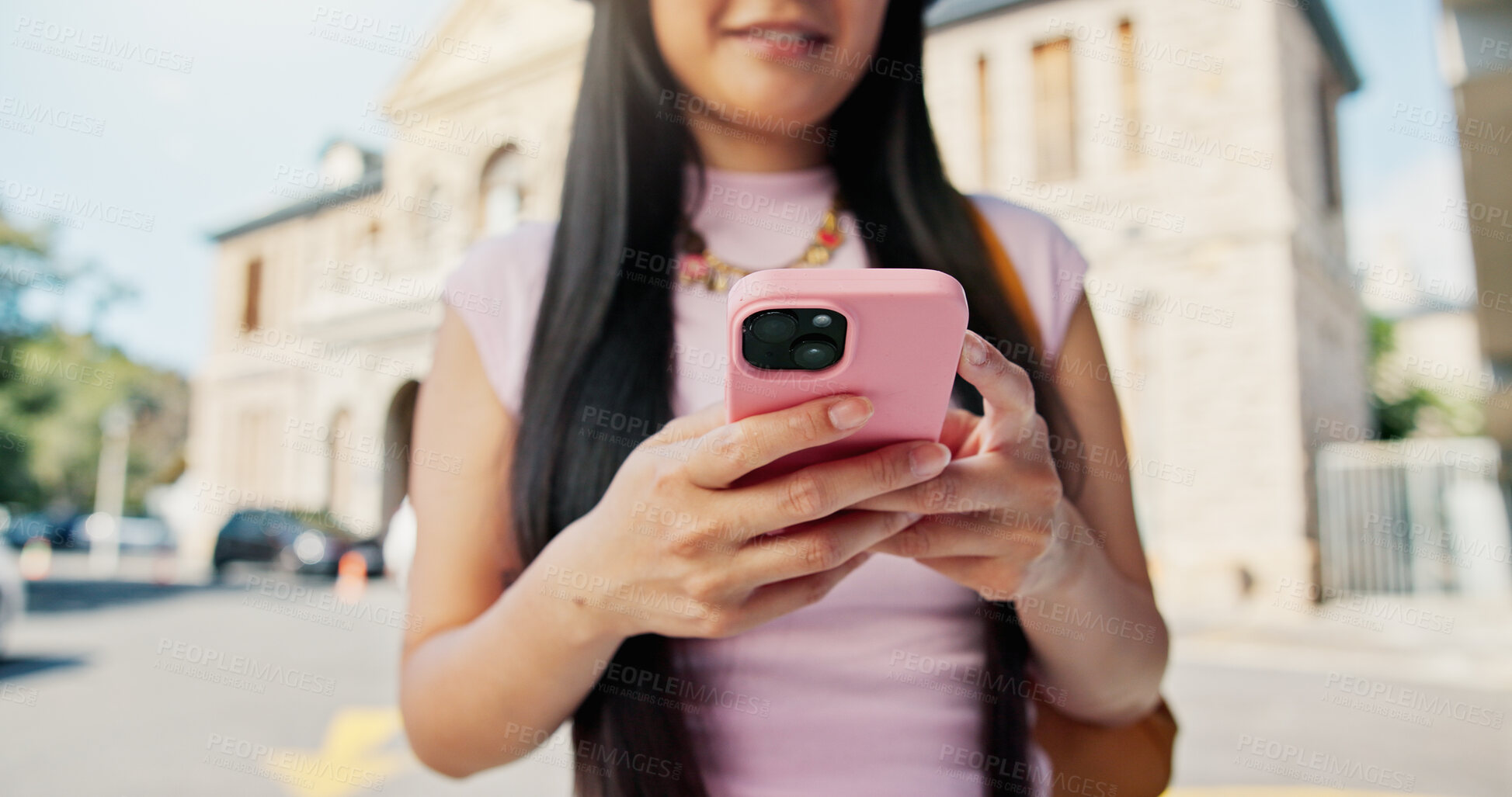 Buy stock photo Education, hands and phone with student outdoor on campus for college or university. App, learning and text message with woman learner at school for communication, development or study schedule