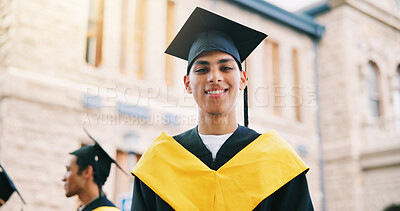 Buy stock photo Graduation, portrait and smile of student man on campus for college or university success. Education, milestone and scholarship with happy graduate outdoor at school for achievement or ceremony