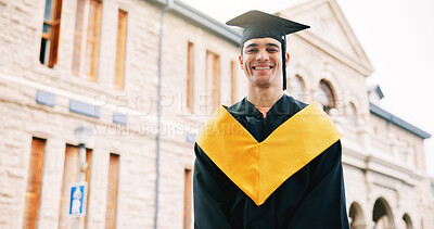 Buy stock photo Graduation, happy and portrait of student man on campus for college or university success. Education, milestone and smile of graduate outdoor at school for achievement, ceremony or scholarship