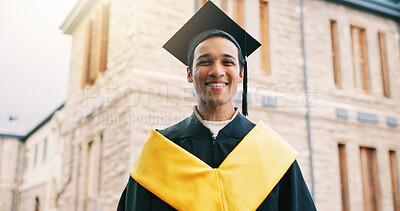 Buy stock photo Education, portrait and smile of graduate man on campus for college or university success. Graduation, milestone and scholarship with happy student outdoor at school for achievement or ceremony
