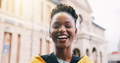 Buy stock photo Graduation, portrait and smile of student black woman on campus for college or university success. Education, milestone and scholarship with happy African graduate outdoor for achievement or ceremony