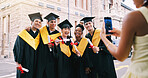 Friends, phone and photo for graduation with certificate for success, education and diversity in city. Group, people and college student with milestone, celebration and hug with diploma for goals