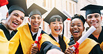 Girl, university student and selfie with friends for graduation at campus, smile and diploma on web. Group, portrait and celebration with certificate, diversity or goals on social media at college