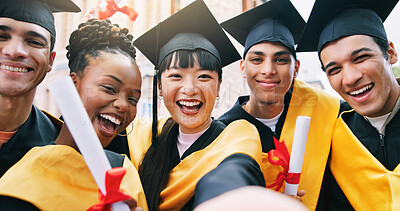 Buy stock photo Girl, college student and selfie with friends for graduation at campus, smile and memory on web. Group, portrait and celebration for profile picture, diversity or goals on social media at university