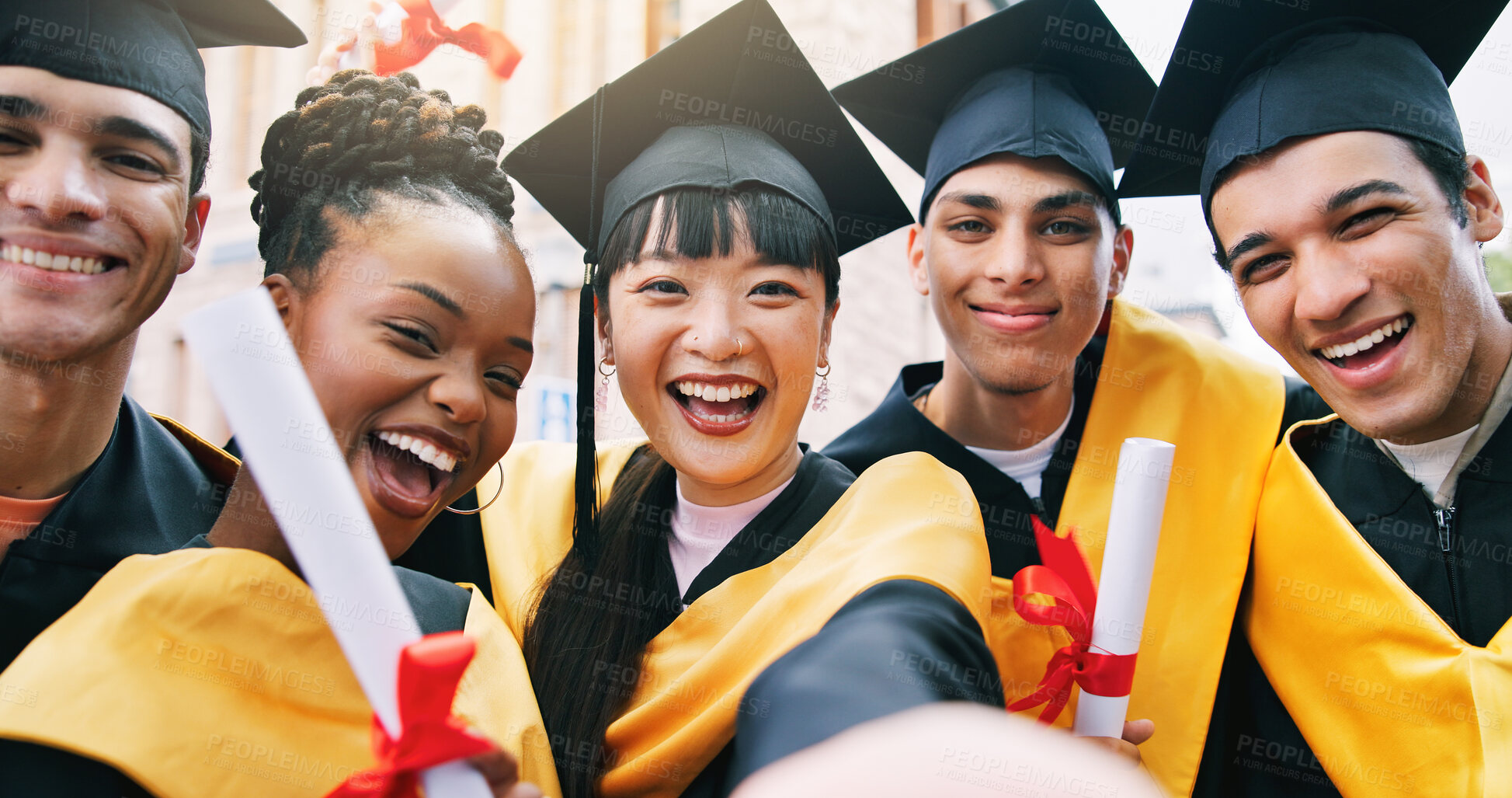 Buy stock photo Girl, college student and selfie with friends for graduation at campus, smile and memory on web. Group, portrait and celebration for profile picture, diversity or goals on social media at university