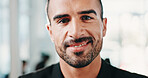 Portrait, business and man with smile in office for career pride, about us and real estate. Happy, male person or realtor with ambition for auction experience, resale listing and property development
