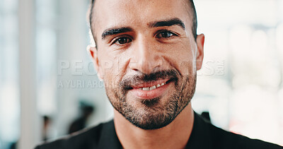 Buy stock photo Portrait, business and man with smile in office for career pride, about us and real estate. Happy, male person and realtor with ambition for auction experience, consultant and property development