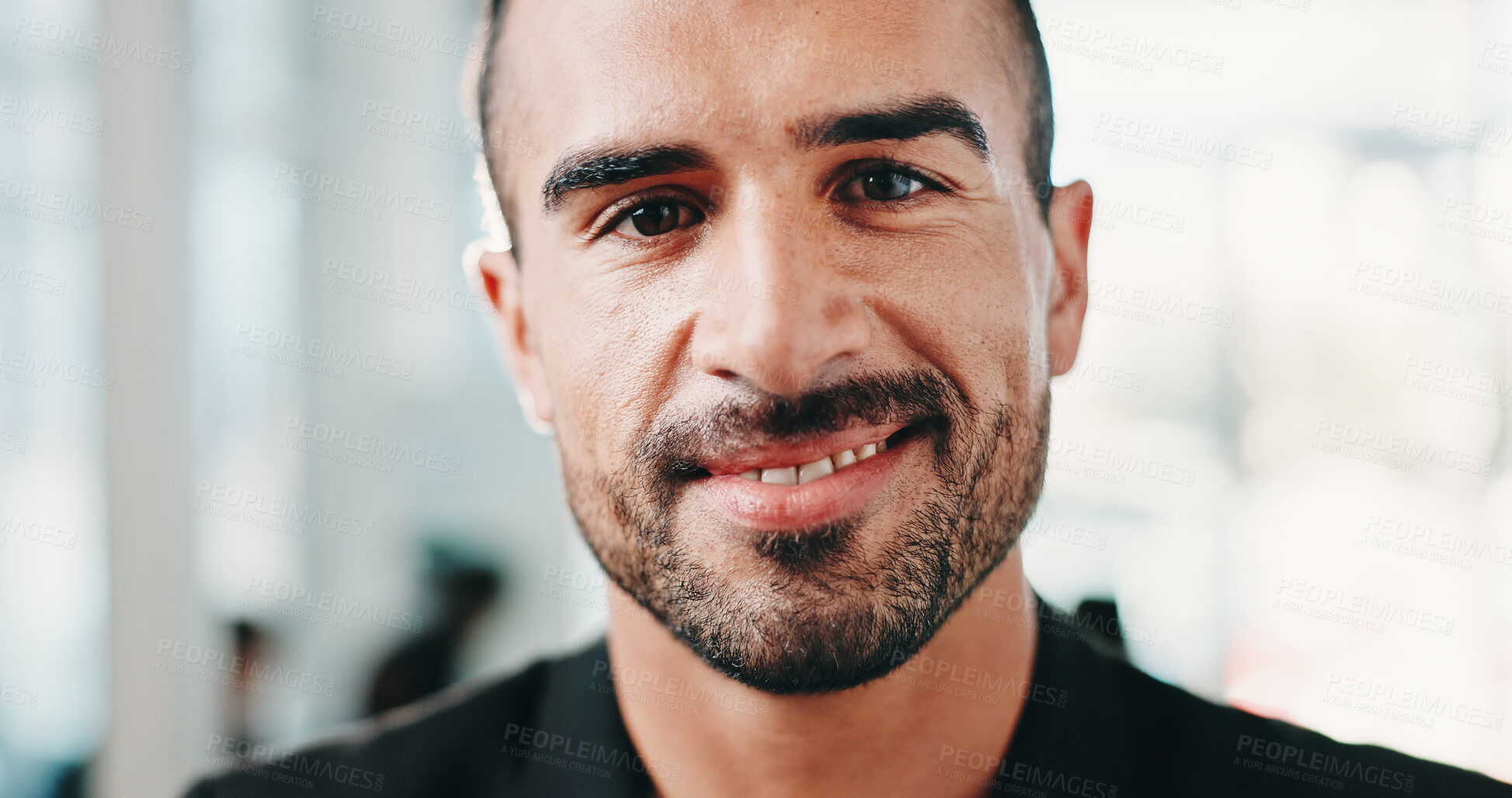 Buy stock photo Portrait, business and man with smile in office for career pride, about us and real estate. Happy, male person and realtor with ambition for auction experience, consultant and property development