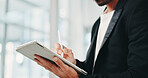 Tablet, hands and businessman in office with research for finance report with budget plan. Digital technology, pen and financial manager with email for feedback on investment proposal in workplace.