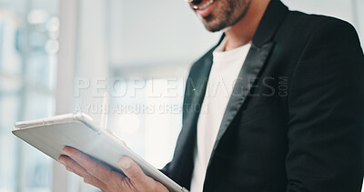 Buy stock photo Tablet, hands and businessman in office with email for finance report with budget plan. Digital technology, pen and financial manager with contact for feedback on investment proposal in workplace.