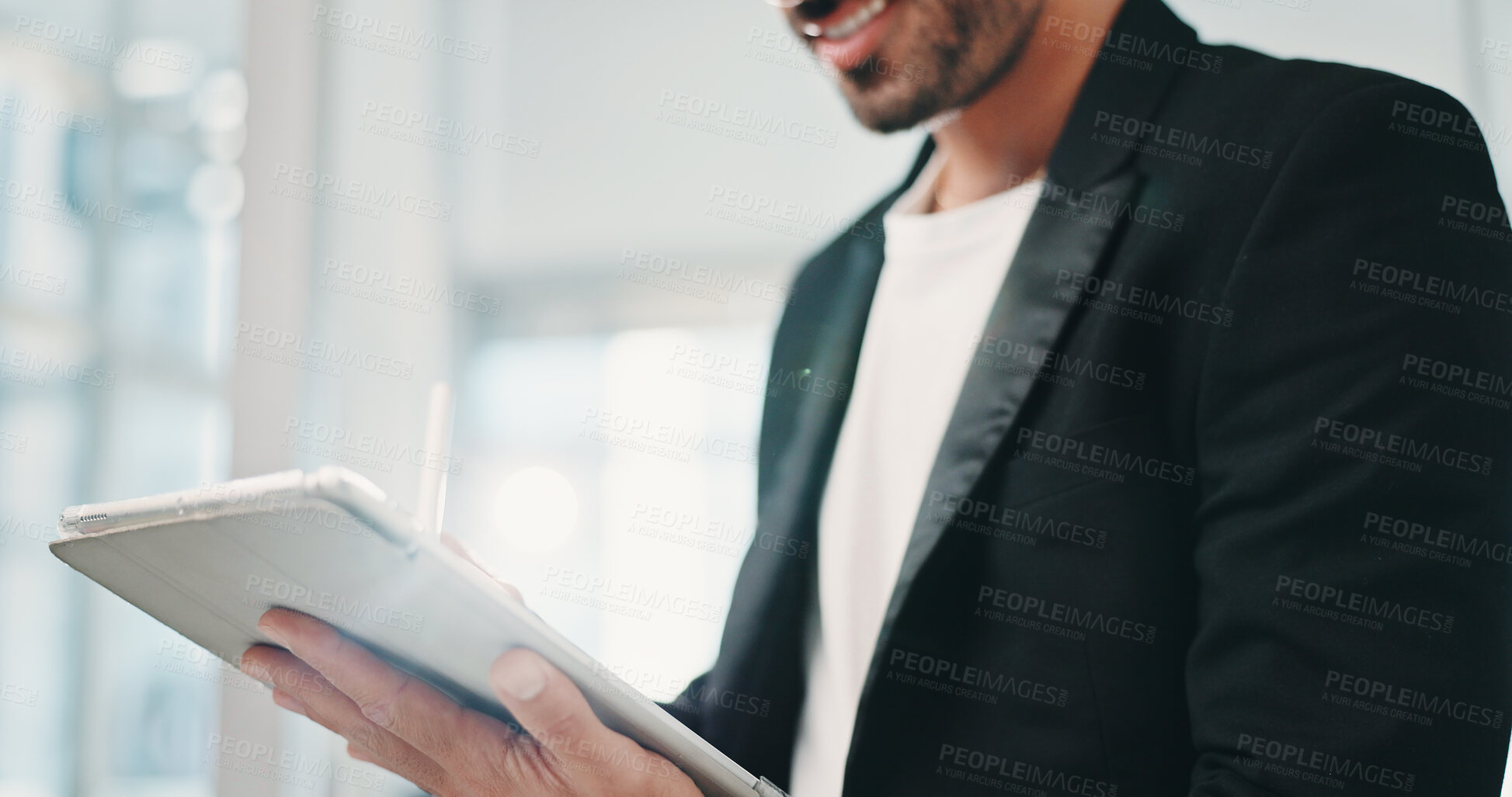 Buy stock photo Tablet, hands and businessman in office with email for finance report with budget plan. Digital technology, pen and financial manager with contact for feedback on investment proposal in workplace.