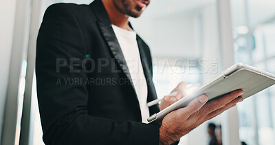 Buy stock photo Tablet, pen and hands of businessman in office with research for finance report with company budget. Stylus, digital technology and financial manager with email for investment proposal in workplace.