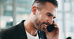Phone call, smile and businessman in office with communication, contact or finance feedback. Happy, cellphone and male financial manager on mobile discussion for investment advice in workplace.