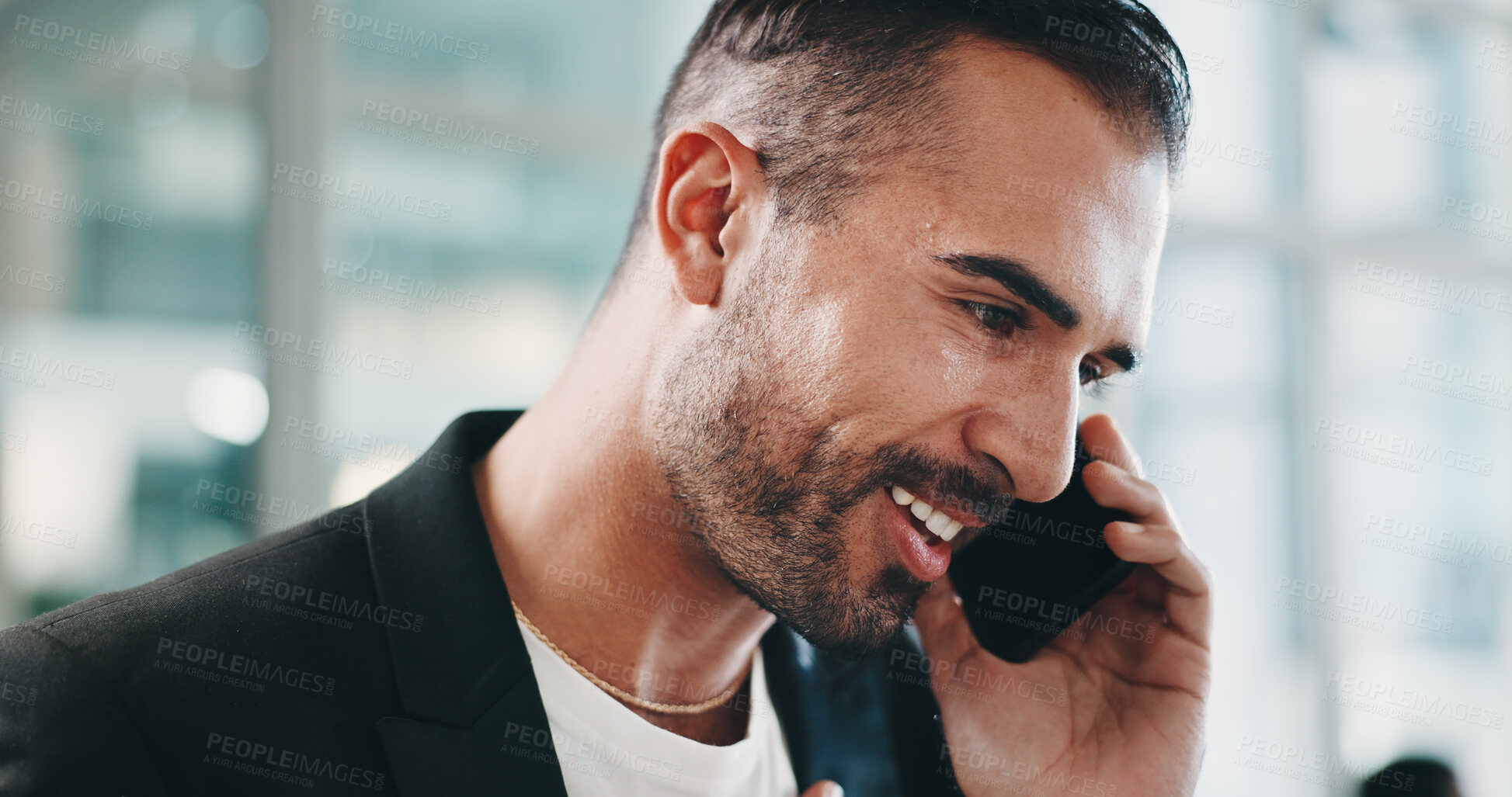 Buy stock photo Phone call, smile and businessman in office with communication, contact or finance feedback. Happy, cellphone and male financial manager on mobile discussion for investment advice in workplace.