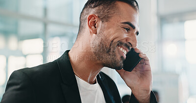 Buy stock photo Phone call, happy and businessman in office with communication, contact or finance feedback. Smile, cellphone and male financial manager on mobile discussion for investment advice in workplace.
