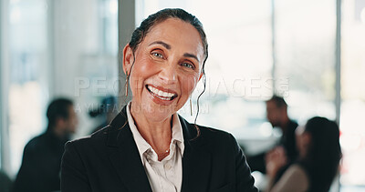 Buy stock photo Smile, business and woman with confidence in office for career pride, about us and real estate. Portrait, mature person and realtor with ambition for auction, representative and property development